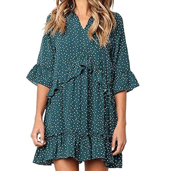 Dresses & Skirts - NWT Polka Dot Trapeze Ruffle Swing Dress Teal